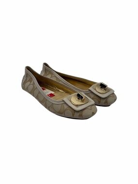 Coach Women's Light Beige Signature Canvas Ballet Flats with Gold Buckle Size 7